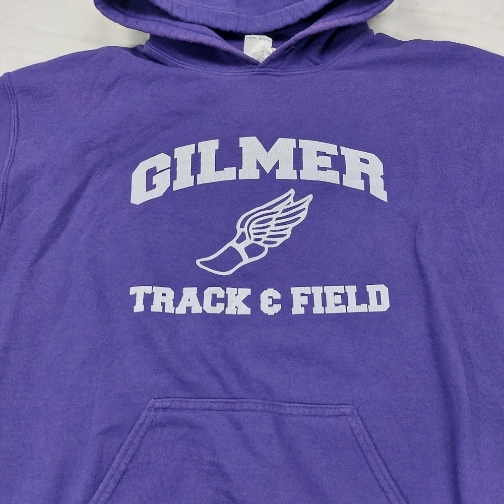 GILDAN UNISEX PURPLE GILMER HIGH SCHOOL TRACK AND FIELD PULLOVER HOODIE SZ M - Picture 2 of 10